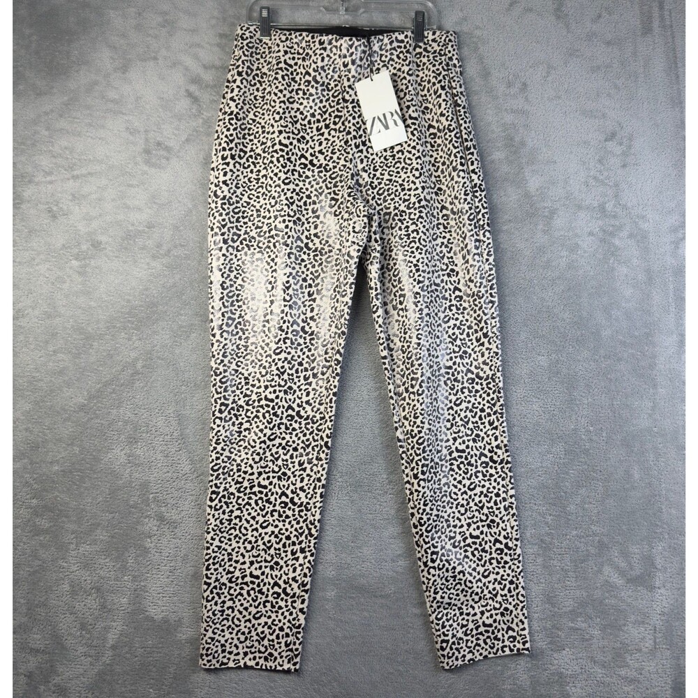 ZARA Pants Womens Medium Beige Black Animal Print Leopard Pull On Leggings NWT